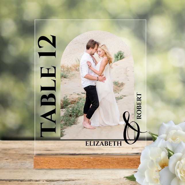 Wedding Table Number Arched Photo Acrylic Sign (Wedding table number arched photo acrylic tabletop sign)