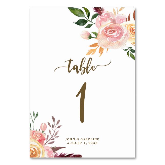 Wedding table number card boho floral (Front)