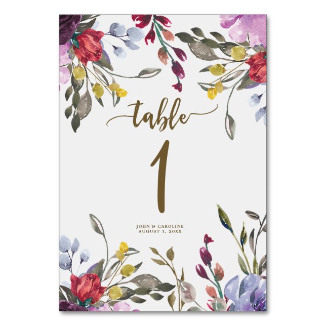 Wedding table number card boho wildflower (Front)
