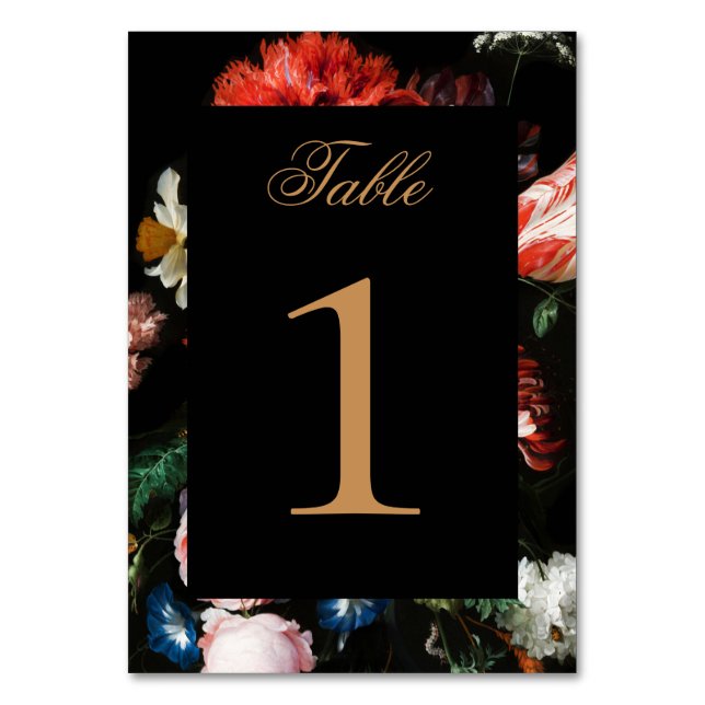 Wedding Table Number Card Dark Black Red Floral (Front)