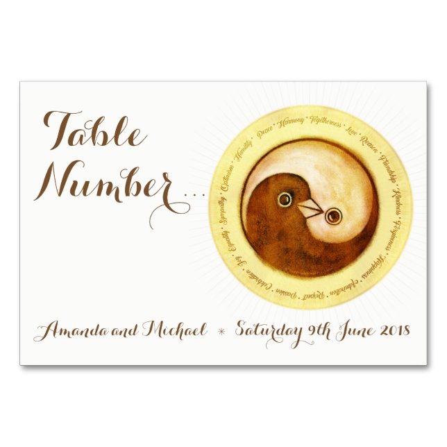 WEDDING TABLE NUMBER CARD. Gold doves YinYang (Front)