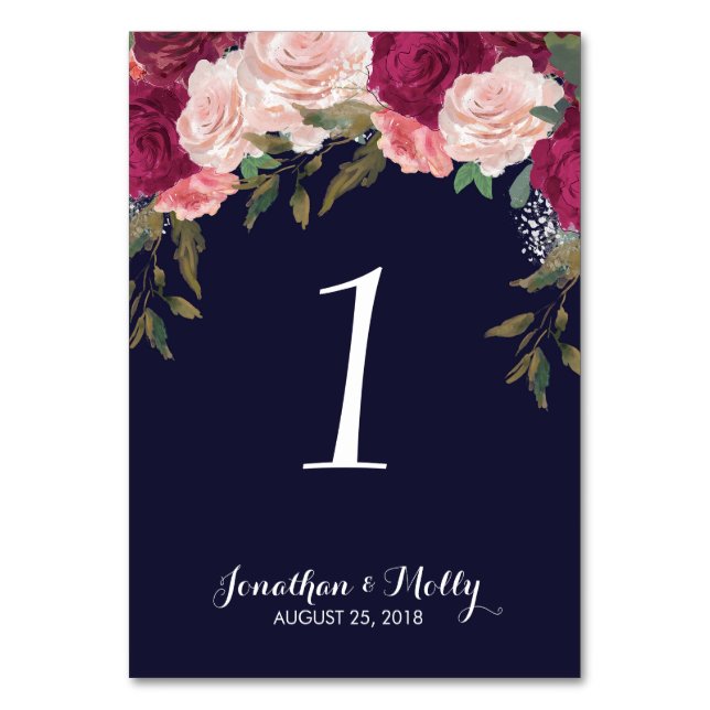 Wedding table number card navy floral (Front)