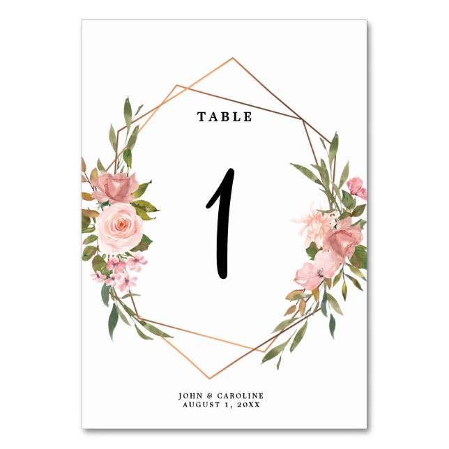 Wedding table number card rose gold geometric (Front)