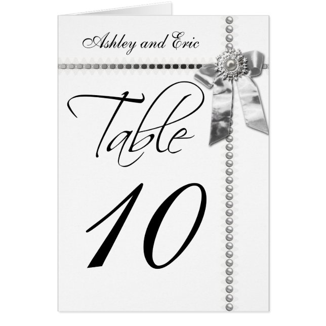 Wedding Table Number Card Silver Bow Ribbon Print (Front)