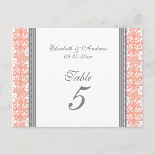 Wedding Table Number Cards Coral Grey Damask