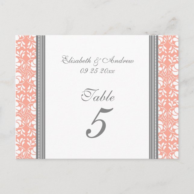 Wedding Table Number Cards Coral Grey Damask (Front)
