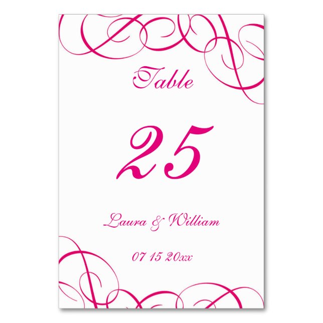 Wedding Table Number Cards | Fuchsia Swirls Design (Front)
