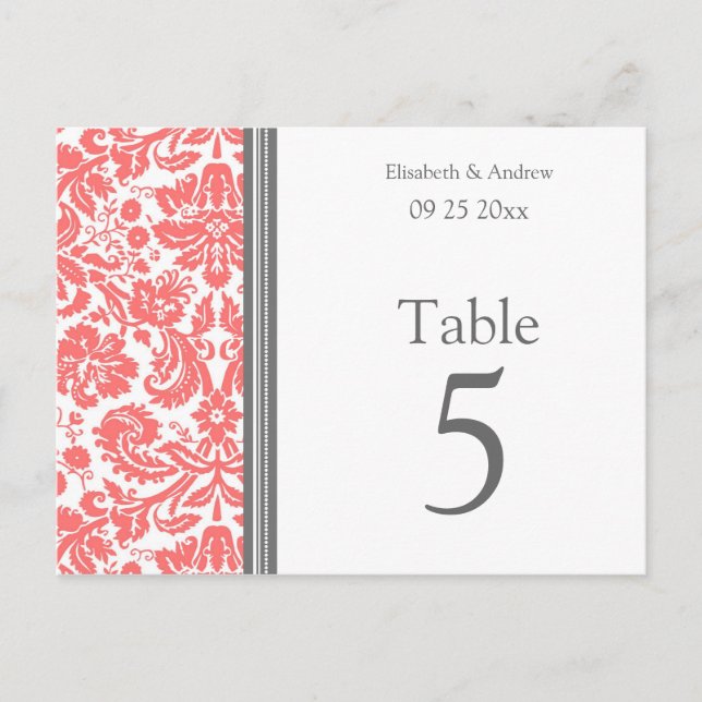 Wedding Table Number Cards Grey Coral (Front)