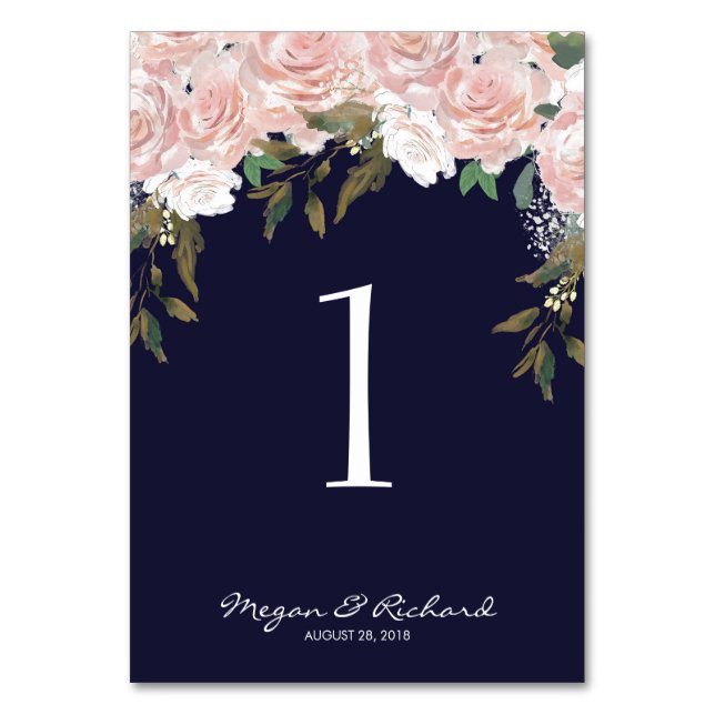 wedding table number cards navy blush pink (Front)