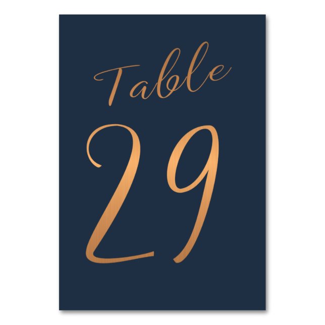 Wedding table number copper rose gold glitter navy (Front)