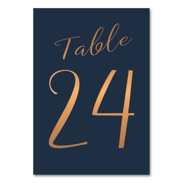 Wedding table number copper rose gold glitter navy (Front)