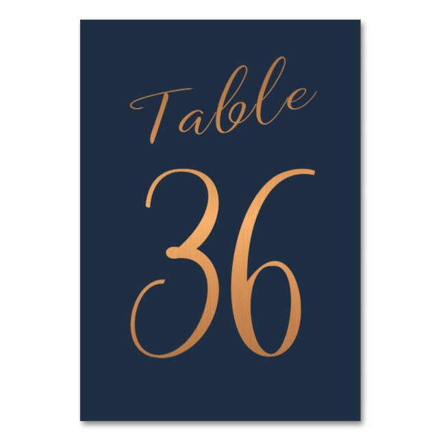 Wedding table number copper rose gold glitter navy (Front)