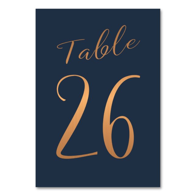 Wedding table number copper rose gold glitter navy (Front)