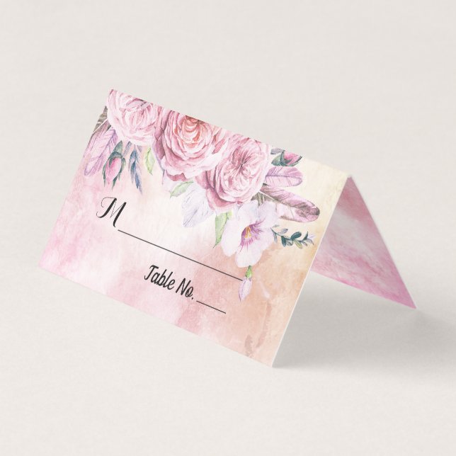 Wedding Table Number Escort Boho Floral & Feathers (Front)