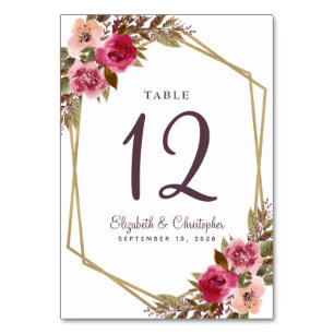 Wedding Table Number Floral Gold Geometric Purple