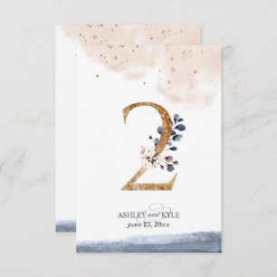Wedding table number in navy, blush, and gold
