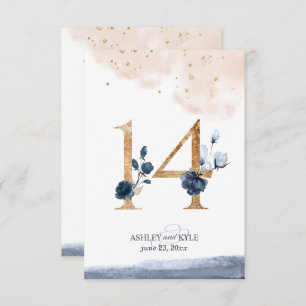 Wedding table number in navy, blush, and gold