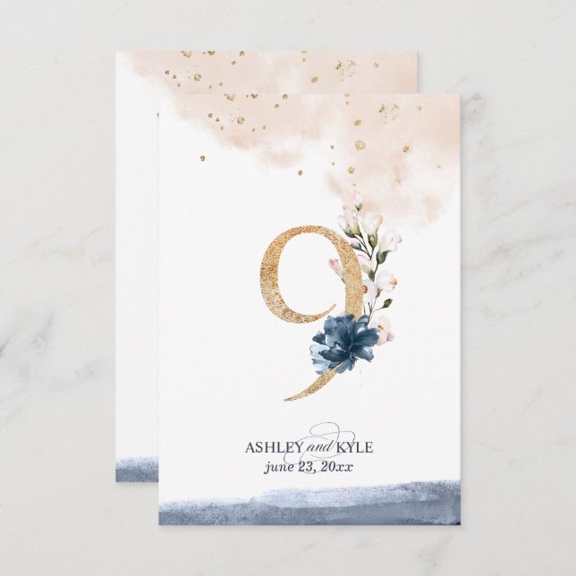 Wedding table number in navy, blush, and gold (Front/Back)