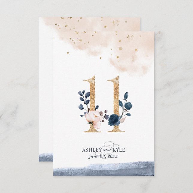 Wedding table number in navy, blush, and gold (Front/Back)