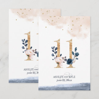 Wedding table number in navy, blush, and gold