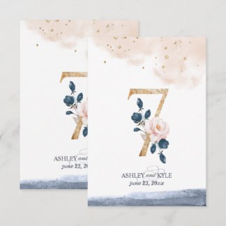 Wedding table number in navy, blush, and gold