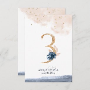 Wedding table number in navy, blush, and gold