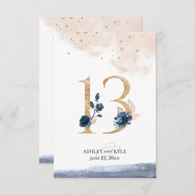 Wedding table number in navy, blush, and gold (Front/Back)