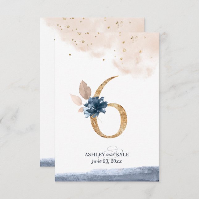 Wedding table number in navy, blush, and gold (Front/Back)