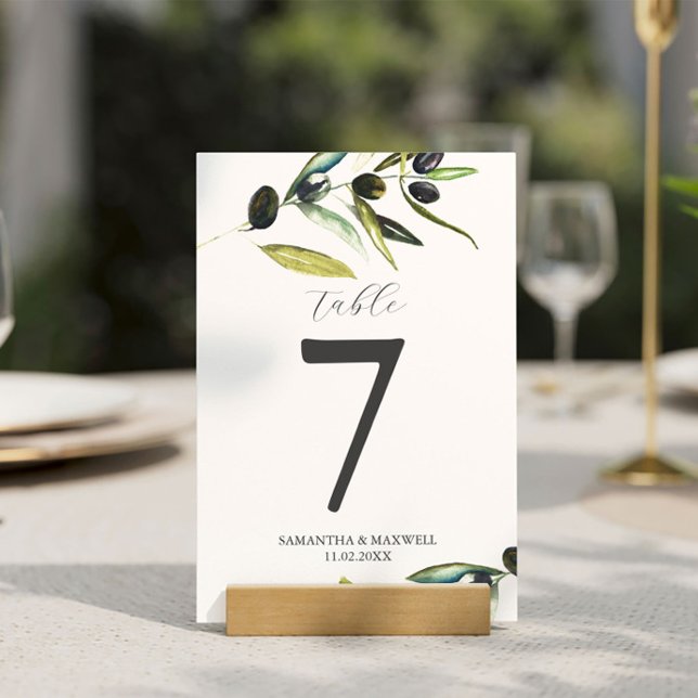 Wedding Table Number Minimalist Olive Branch (Personalized table numbers feature watercolor olive branch art by Victoria Grigaliunas )