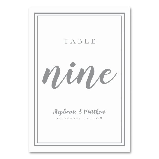 Wedding Table Number NINE Simple | Grey & White (Front)