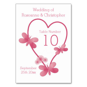 Wedding Table Number Pink Heart And Butterflies
