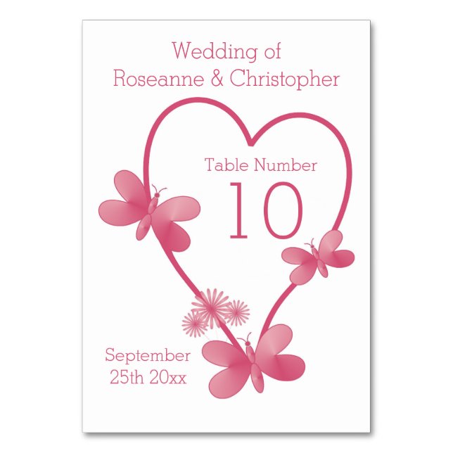 Wedding Table Number Pink Heart And Butterflies (Front)