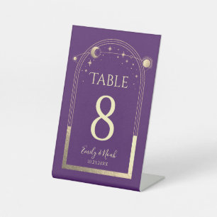 Wedding Table Number Purple Gold Sun Moon Stars Pedestal Sign