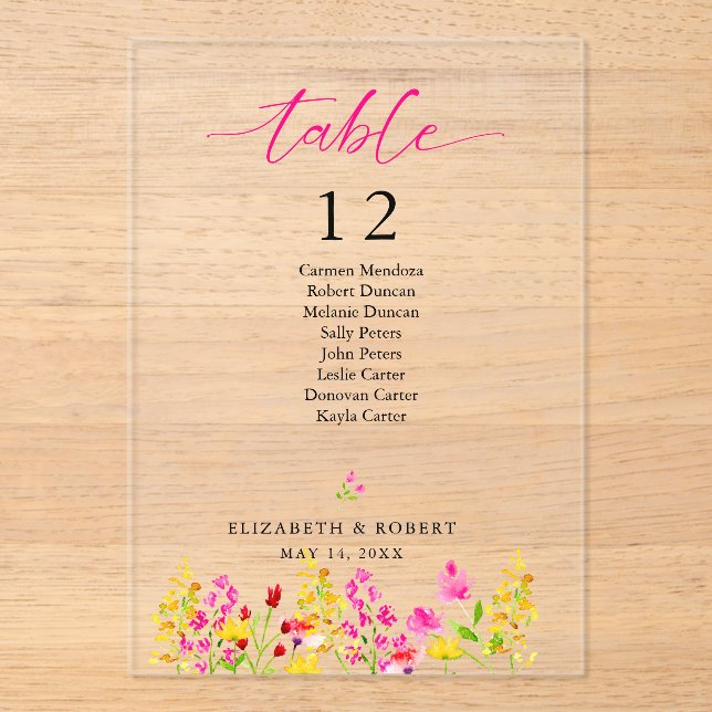 Wedding Table Number Sign Floral Pink Script (Front)