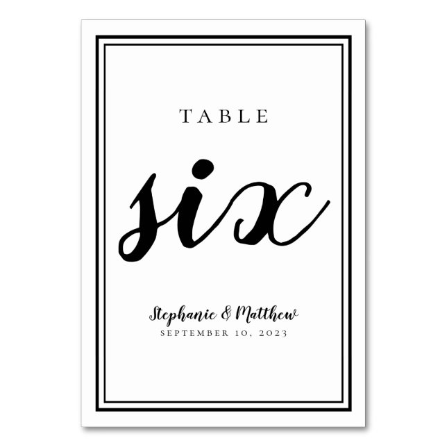 Wedding Table Number Six Simple Black & White (Front)