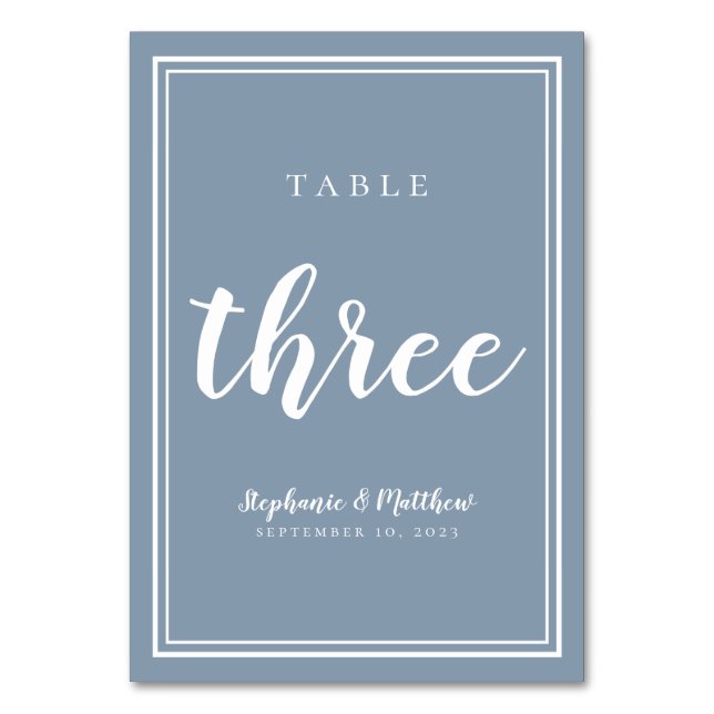 Wedding Table Number Three Dusty Blue Simple (Back)