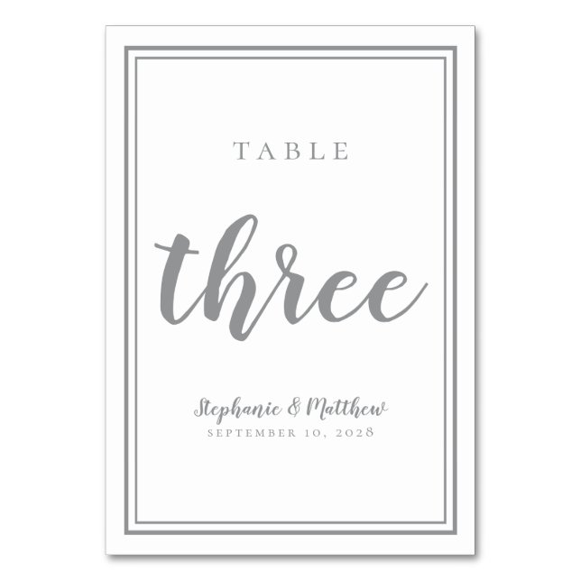 Wedding Table Number Three Simple Grey & White (Front)