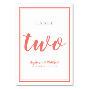 Wedding Table Number Two Simple Coral & White