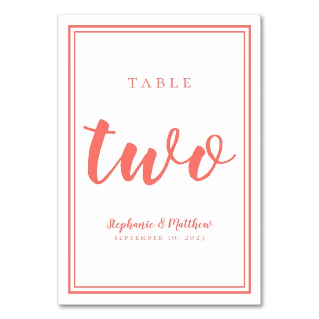 Wedding Table Number Two Simple Coral & White (Front)