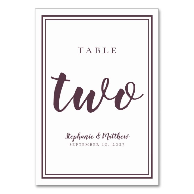 Wedding Table Number Two Simple Purple Cassis (Front)