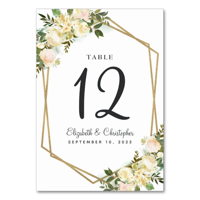Wedding Table Number White Floral Gold Geometric (Front)