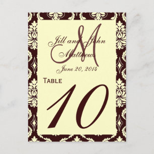 Wedding Table Numbers Brown Ivory Damask Postcard