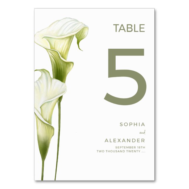 Wedding Table Numbers "Delicate Calla Lilies" (Front)