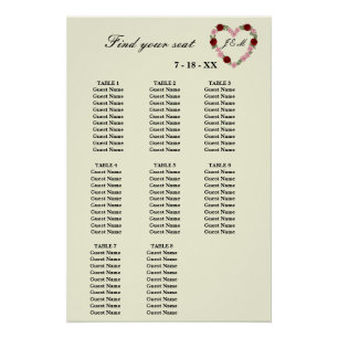 Wedding Table Plan - Heart-Shaped Floral Pattern Poster