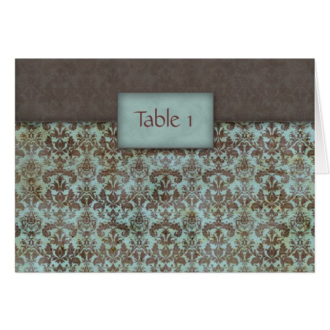Wedding Table Seating Card Damask Blue Brown (Front Horizontal)