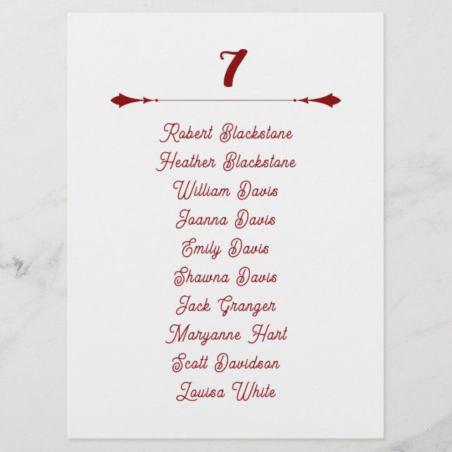 Wedding Table Seating Guest Names List Card (Front)