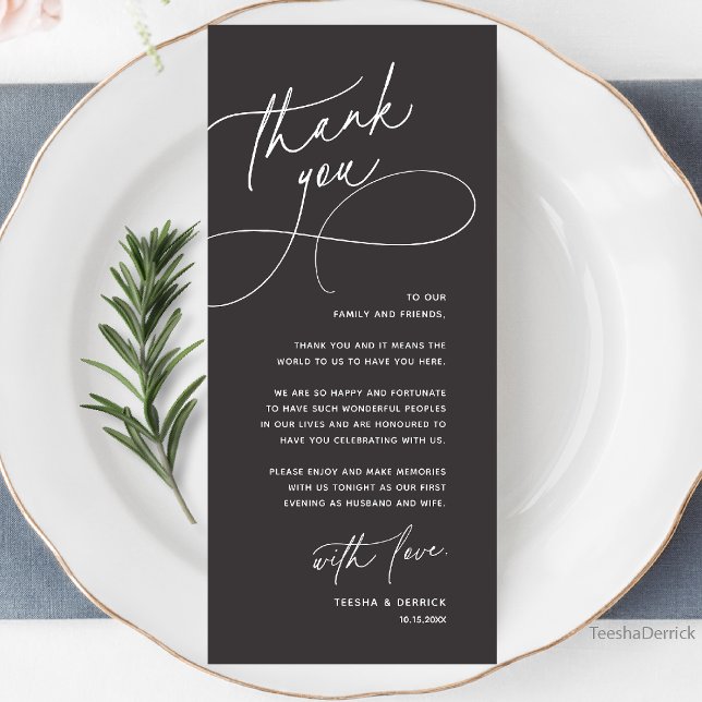 Wedding Table Thank You Elegant Reception Card (Wedding Table Thank You Elegant Reception Dinner Card in charcoal grey)