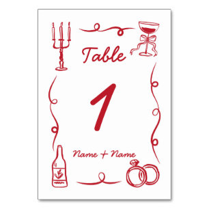 Wedding Table Whimsical Hand Drawn Red Illustrated Table Number