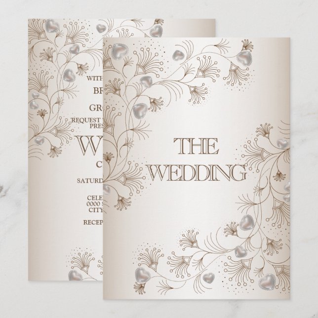 Wedding Tan Floral Heart Pattern Beige Elegant Invitation (Front/Back)