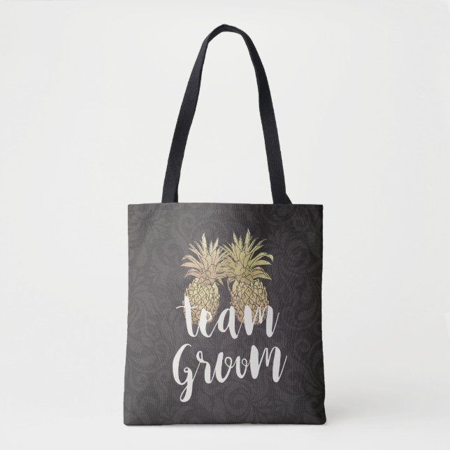 Wedding Team Groom Black Gold Pineapple Couple Tote Bag (Front)